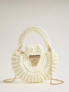 Wovira Ladies Beige Woven Handbag, Cute Round Shape, Fringed Decoration, Premium Metal Lock, For Daily, Vacation, Travel, Bohemian, Seaside, Beach Wedding - White - View 1