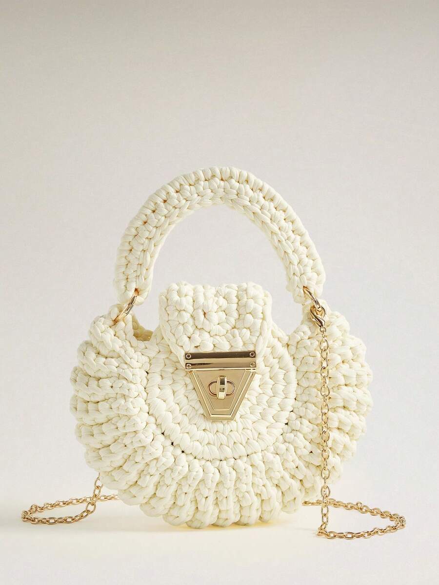 Wovira Ladies Beige Woven Handbag, Cute Round Shape, Fringed Decoration, Premium Metal Lock, For Daily, Vacation, Travel, Bohemian, Seaside, Beach Wedding - White - View 1