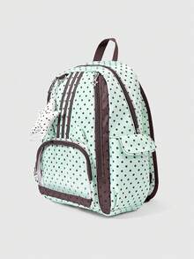 ROMWE Anime Vintage Mint Green Polka Dot Printed Backpack Star Zipper Multi-Pocket Contrast Color Fashion Casual Unisex Large Capacity Backpack - Mint Green - View 2