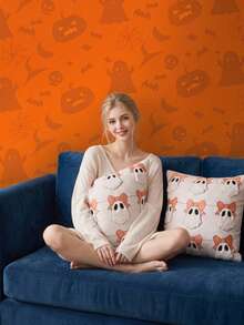 Joivida 1pc/2pcs 45*45cm Halloween 3D Fuzzy Plush Throw Pillow Covers, Pumpkin Ghost Bat Textured Knit Square Cushion Cases, Spooky Cute Fall Autumn Farmhouse Decor For Sofa Couch Bedroom Fireplace Homestay Party, Pillow Insert Not Included - Bow Ghost - View 3