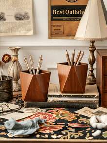 1PC Standard Size Compact Vintage Wooden Hexagonal Diamond Shaped High Practical Pen Holder Pencil Organizer Storage Shelf Desk Rack Durable Sturdy Non Slip Scratch Resistant Space Saving Multi Purpose For Office Study Home - Brown - View 6