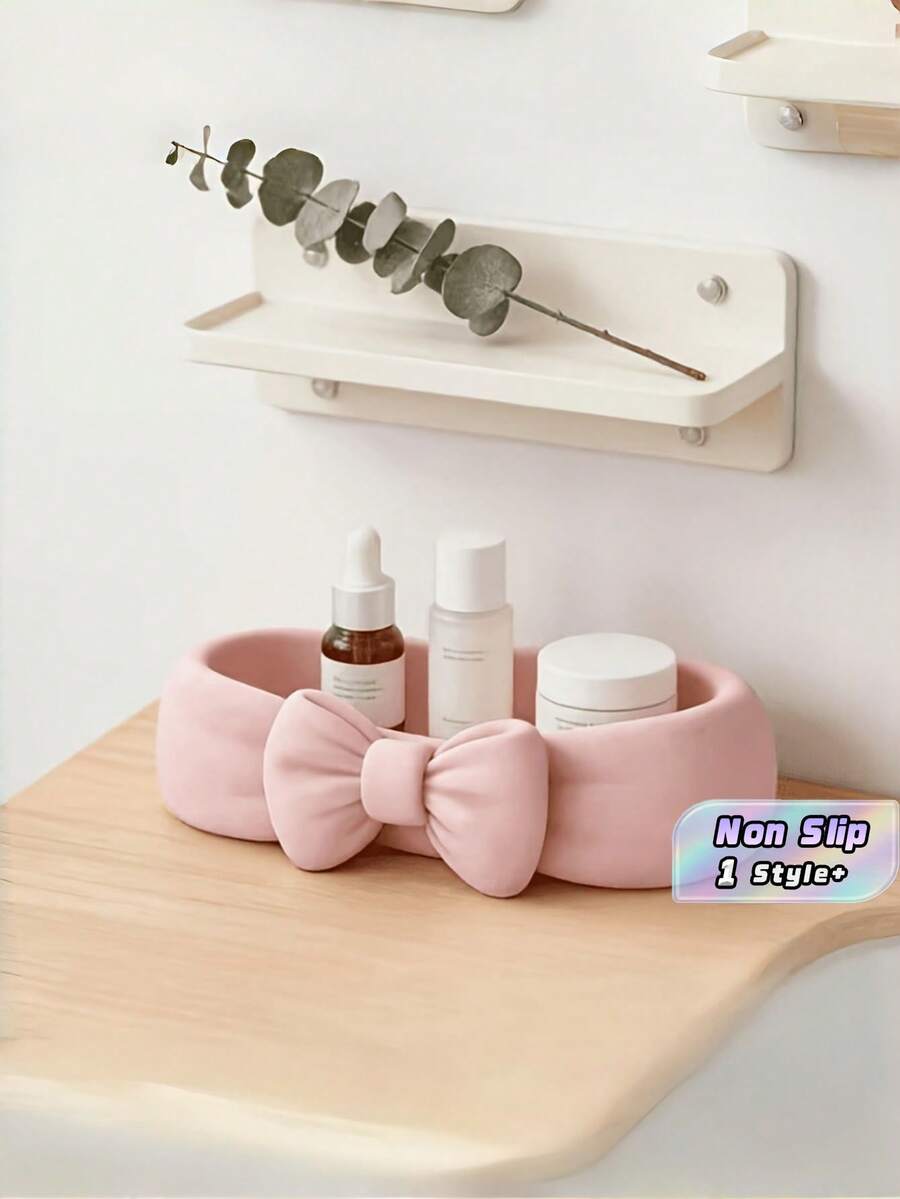 1PC Standard Size Pink Bow Shaped Plastic Durable Waterproof Rustproof Non Slip Easy Clean Lightweight Versatile Countertop Tray Organizer For Toothbrush Skincare Cosmetics Toiletry Items Bathroom Vanity Shelf Space Saving Decorative Storage - Pink - View 1