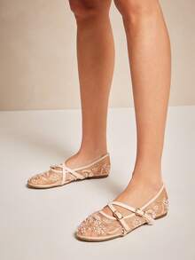 Solezae Sepatu Balet Bordir Elegan untuk Wanita - Aprikot - View 3