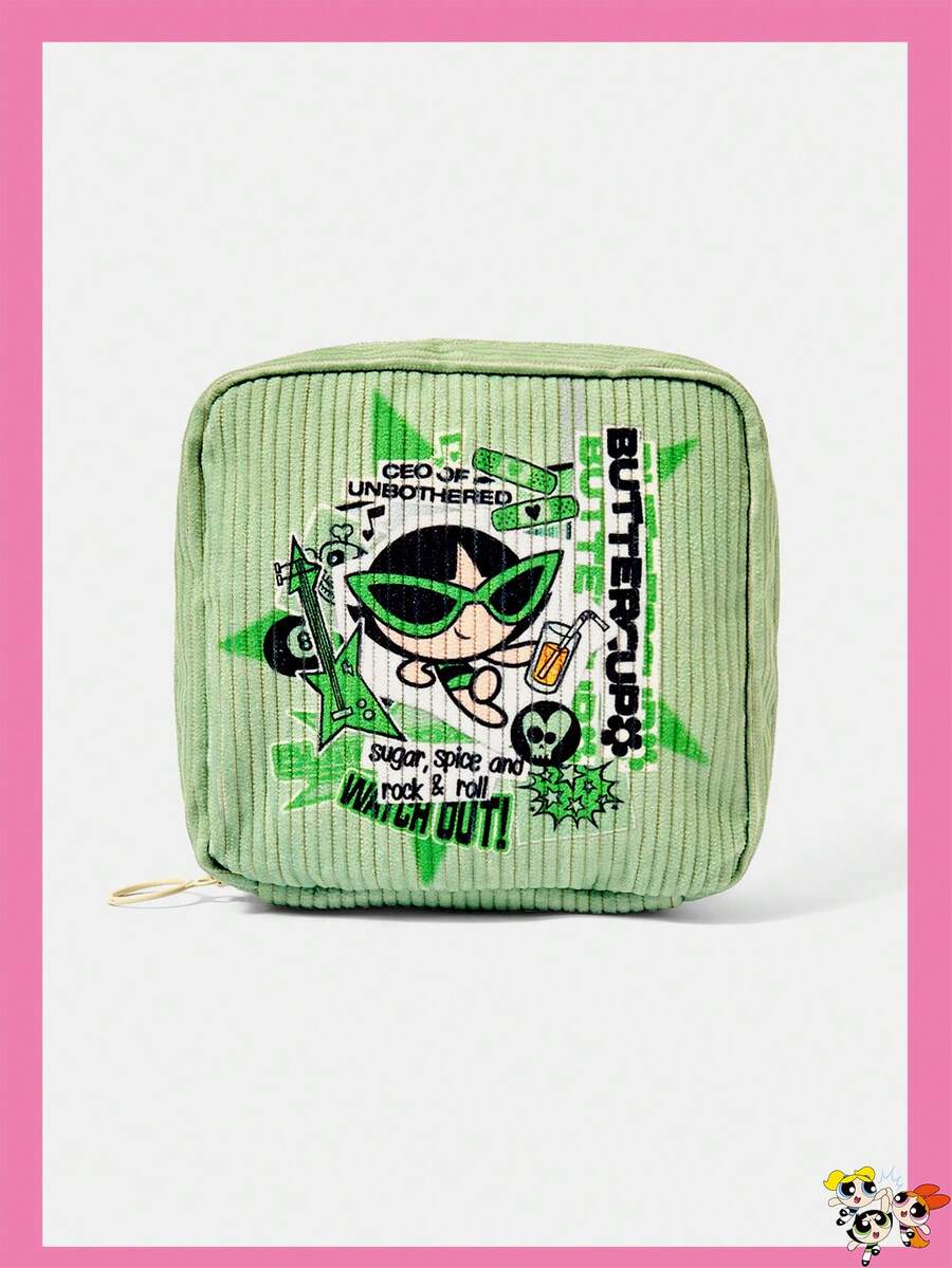 THE POWERPUFF GIRLS X SHEIN 拼貼卡通人物與字母標語印花拉鍊化妝包,便攜旅行化妝收納收納袋 - 卡通人物-2 - 查看 1