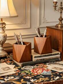 1PC Standard Size Compact Vintage Wooden Hexagonal Diamond Shaped High Practical Pen Holder Pencil Organizer Storage Shelf Desk Rack Durable Sturdy Non Slip Scratch Resistant Space Saving Multi Purpose For Office Study Home - Brown - View 4