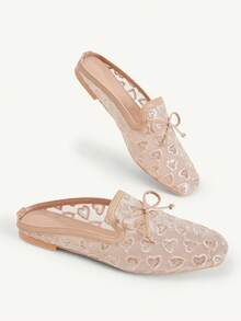 CUCCOO CHICEST Square Toe Flat Bottom Apricot Love Embroidery Mesh Bow Breathable Women's Low Vamp Flat Bottom Shoes Mules Shoes Exquisite Comm - Apricot - View 6