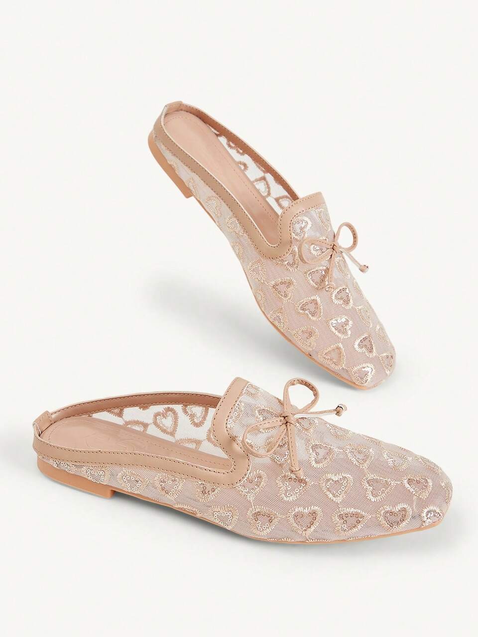 CUCCOO CHICEST Square Toe Flat Bottom Apricot Love Embroidery Mesh Bow Breathable Women's Low Vamp Flat Bottom Shoes Mules Shoes Exquisite Comm