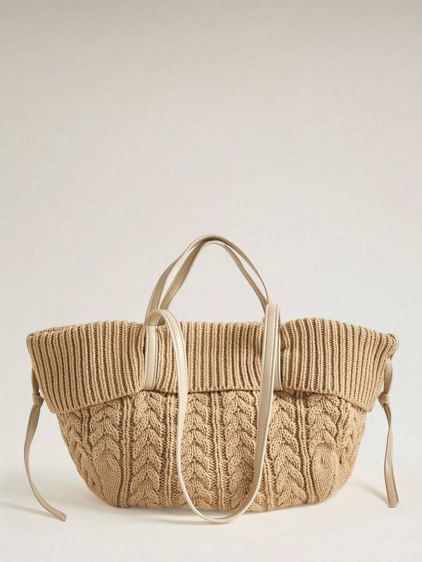 Wovira Ladies Fashion Apricot Knitted Twist Tote Bag, Commuter Tote Bag, Large Capacity Shoulder Wool Bag For Daily, Commuter, Vacation, Travel