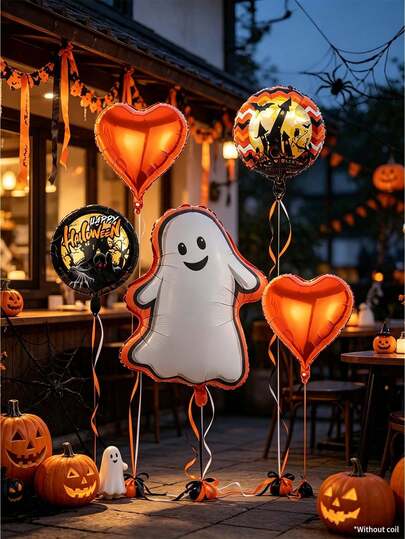 Halloween Cute Ghost Balloon Set, Aluminum Mylar Smiling Ghost Orange Heart Foil Balloons Happy Halloween Castle Round Foil Balloons Orange Black Latex Balloons, Spooky Cute Party Decor Supplies For Kids Halloween Birthday Carnival Decor