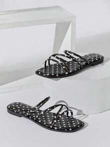 Solezae #SummerEssential Women's Square Toe Polka Dot Black Multi-Strap Slide Sandals – Yayoi-Inspired Playful, & Comfortable - Black - View 7