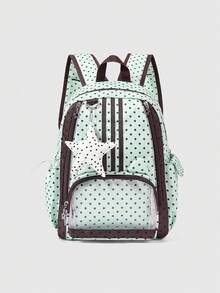 ROMWE Anime Vintage Mint Green Polka Dot Printed Backpack Star Zipper Multi-Pocket Contrast Color Fashion Casual Unisex Large Capacity Backpack - Mint Green - View 1