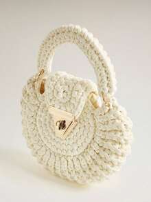 Wovira Ladies Beige Woven Handbag, Cute Round Shape, Fringed Decoration, Premium Metal Lock, For Daily, Vacation, Travel, Bohemian, Seaside, Beach Wedding - White - View 3