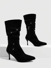 CUCCOO SZL Women's Fashion Pointed Toe Black Suede Rhinestone Studded Stiletto Mid-Calf Ruched Boots, Sexy Party Nightclub Ankle Boots - Black - View 1