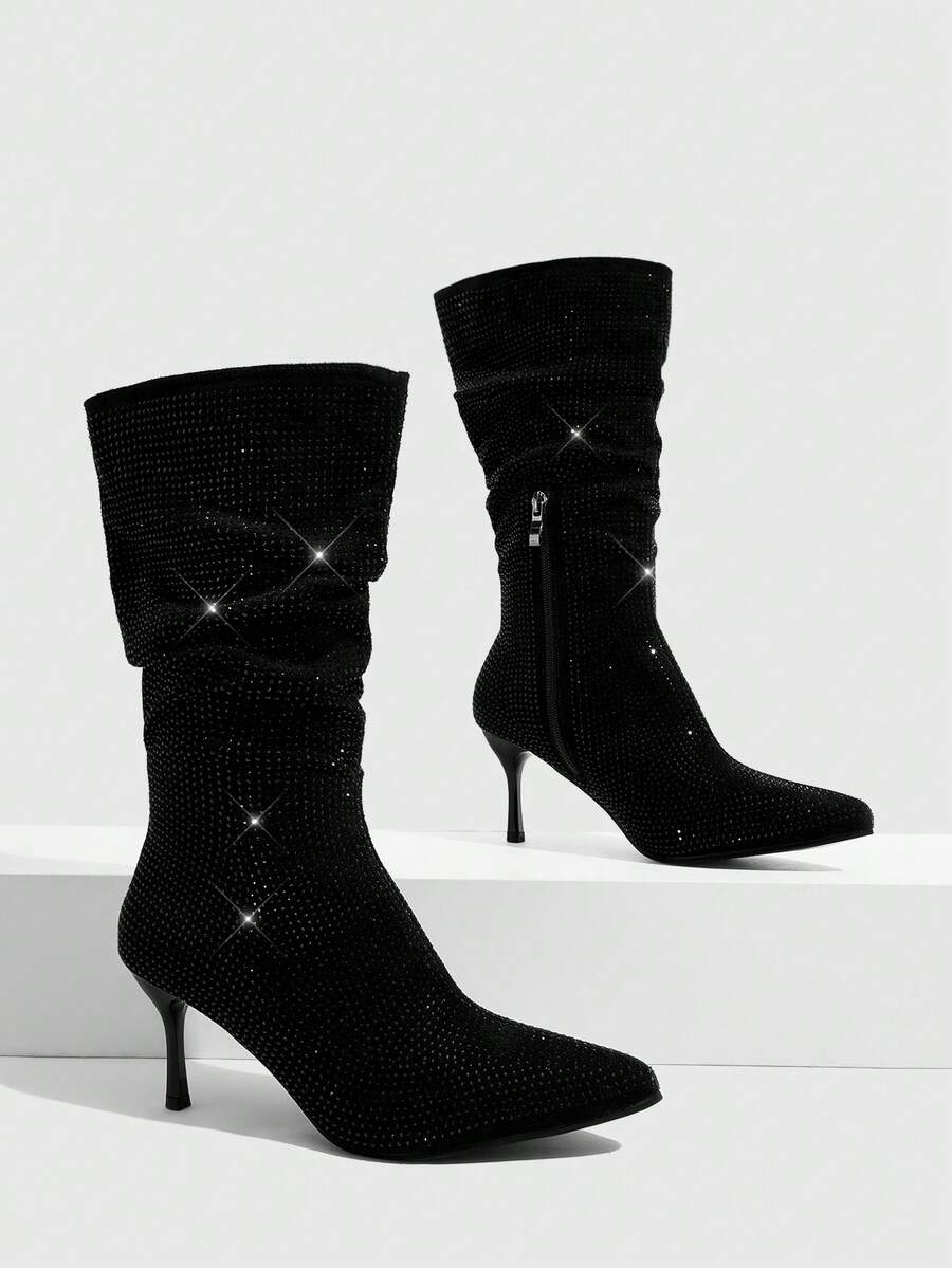 CUCCOO SZL Women's Fashion Pointed Toe Black Suede Rhinestone Studded Stiletto Mid-Calf Ruched Boots, Sexy Party Nightclub Ankle Boots - Black - View 1