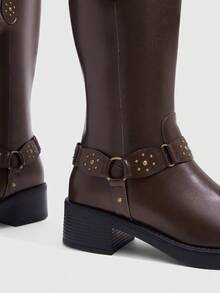 Daringsoles British Punk Belt Buckle Side Zip Mid Boots Fall Shoes - Coffee Brown - View 7