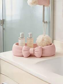 1PC Standard Size Pink Bow Shaped Plastic Durable Waterproof Rustproof Non Slip Easy Clean Lightweight Versatile Countertop Tray Organizer For Toothbrush Skincare Cosmetics Toiletry Items Bathroom Vanity Shelf Space Saving Decorative Storage - Pink - View 3
