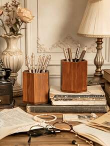 1PC Standard Size Compact Vintage Wooden Hexagonal Diamond Shaped High Practical Pen Holder Pencil Organizer Storage Shelf Desk Rack Durable Sturdy Non Slip Scratch Resistant Space Saving Multi Purpose For Office Study Home - Brown - View 5