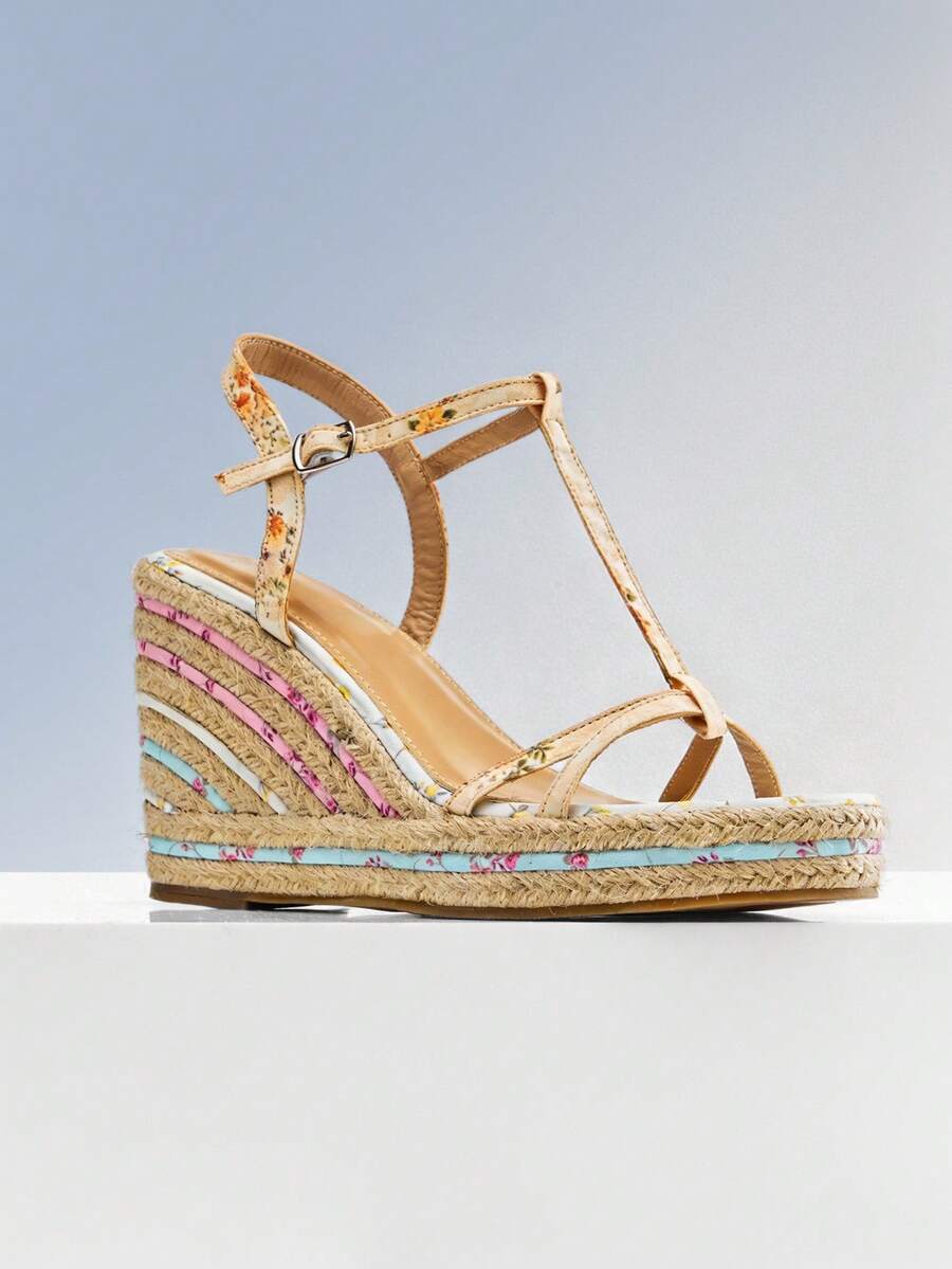 Solezae Women's Elegant Cute Floral Print Ankle Strap Espadrille Wedge - Yellow - View 1