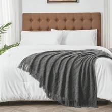 Cirelle Soft Knit Throw Blanket With Fringe, Dark Grey Textured Geometric Diamond Lattice Pattern Decorative Blanket For Couch, Sofa, Bed, Living Room & Farmhouse Decor - Dark Grey - View 4