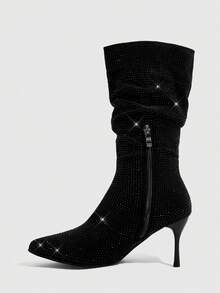 CUCCOO SZL Women's Fashion Pointed Toe Black Suede Rhinestone Studded Stiletto Mid-Calf Ruched Boots, Sexy Party Nightclub Ankle Boots - Black - View 4