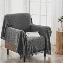 Cirelle Soft Knit Throw Blanket With Fringe, Dark Grey Textured Geometric Diamond Lattice Pattern Decorative Blanket For Couch, Sofa, Bed, Living Room & Farmhouse Decor - Dark Grey - View 5