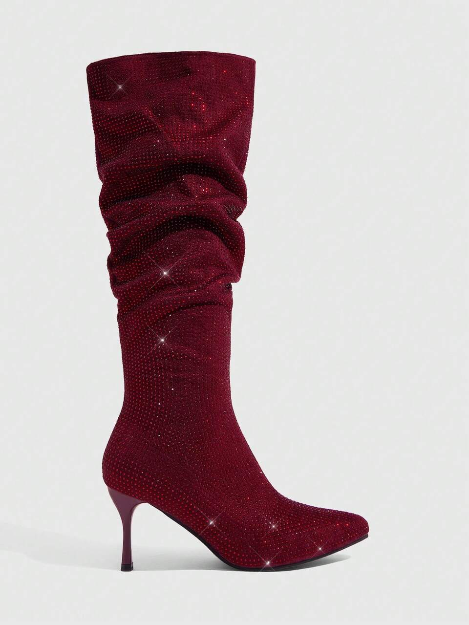 CUCCOO SZL Women Shoes Pointed Stiletto Burgundy Suede Diamond Pile Boots Pleated Boots Stylish Simple Sexy Nightclub Party High Boots Women's Knee Boots High Bo