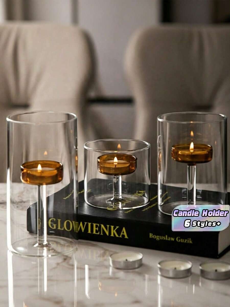 Cylindrical Windproof Glass Candle Holder, Oil Lamp, Windproof Candle Holder, Creative Home Decoration, Candlelight Dinner Gift (Excluding Candles) - Multicolor - View 1
