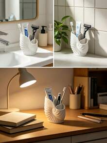 1PC Compact Multi Compartment Spiral Durable Plastic Non Slip Waterproof Rustproof Easy Clean Space Saving Three Compartment Toothbrush Holder Wash Cup Storage Tube Rack For Bathroom Countertop Toothpaste Razor Shaving Cream Toiletries - White - View 5