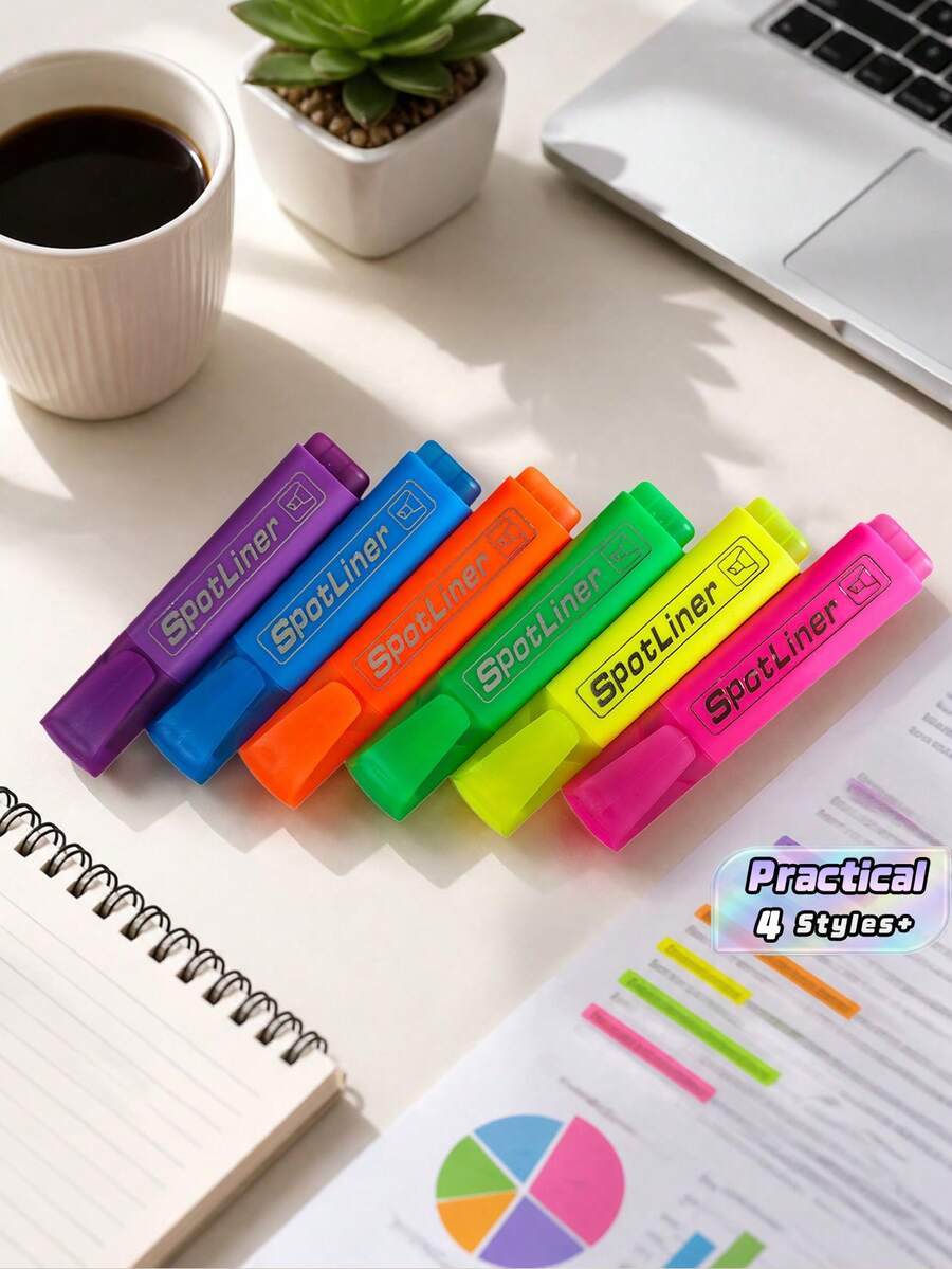 Mixed Color Neon Fluorescent Pen Set, Modern Aesthetics And Durable Plastic Rectangular Pen Holder, Chisel Tip, Transparent Storage Bag, Suitable For Note-Taking, Hand Account, Color Marking, Office Space Layout For Teenagers And Adults - Multiple Styles - View 1