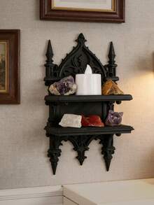 1PC Standard Size Sturdy Resin Gothic Dark Style Double Tier Wall Mounted Shelf Rack With Vintage Ornate Design Decorative Storage Display Stand For Books Photos Plants Candles Black Finish Space Saving Home Living Room Bedroom Office Halloween - hanger - View 4
