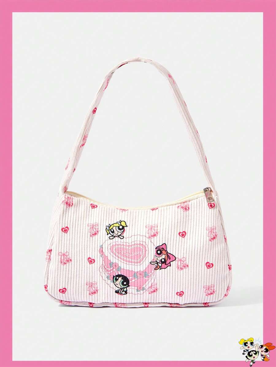 THE POWERPUFF GIRLS X SHEIN Tas Bahu Ritsleting Motif Hati & Karakter Kartun Penuh, Tas Hobo Tali Tunggal Gaya Y2K untuk Pakaian Gaya Jalanan Sehari-hari - Kue - View 1
