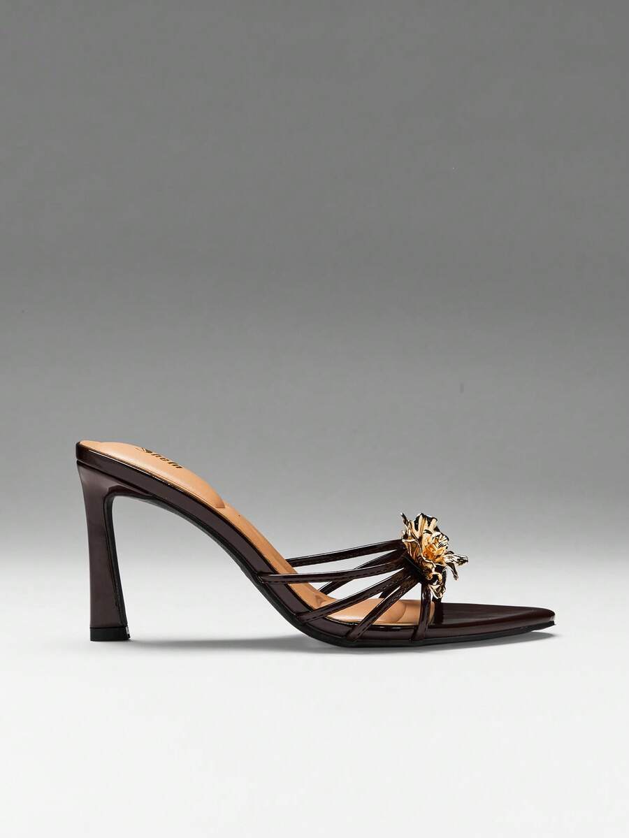 SHUZIA Women's Gold Pansy Hardware Flower Pointed Toe High Heel Sandals - Chocolate Brown - View 1