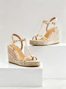 Solezae Women's Elegant Cute Floral Print Ankle Strap Espadrille Wedge - Yellow - View 2