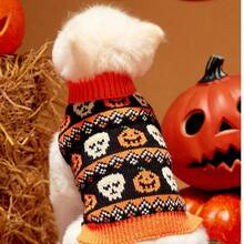 1pc Pet Cat Dog Universal Halloween Pumpkin Skull Fairisle Pattern Classic Retro Jacquard Knit Elastic Turtleneck Warm Comfortable Dog Sweater, PETSIN Original Design - Red and White - View 8