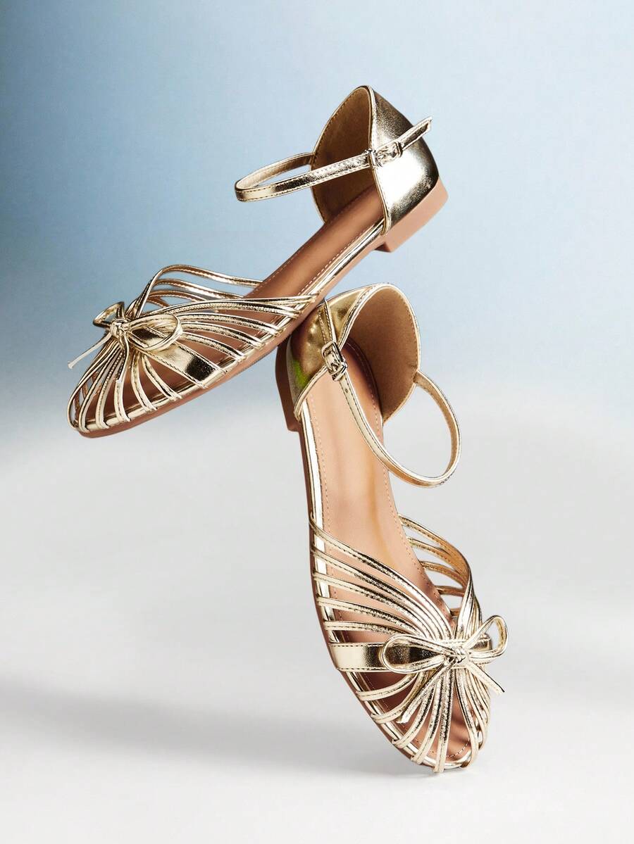 Solezae Women's Fashion Comfy Knot Decor Cutout Flat Sandals Summer Shoes - Gold - View 1