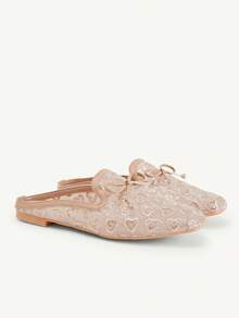 CUCCOO CHICEST Square Toe Flat Bottom Apricot Love Embroidery Mesh Bow Breathable Women's Low Vamp Flat Bottom Shoes Mules Shoes Exquisite Comm - Apricot - View 2