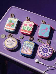 Joivida 1Pc Retro Fun Uv Print Coin Purse, Stylish And Compact Keychain Pendant, Cute Cartoon Mini Zip Bag, Portable For Storing Earphones And Small Accessories - Multicolor - View 1