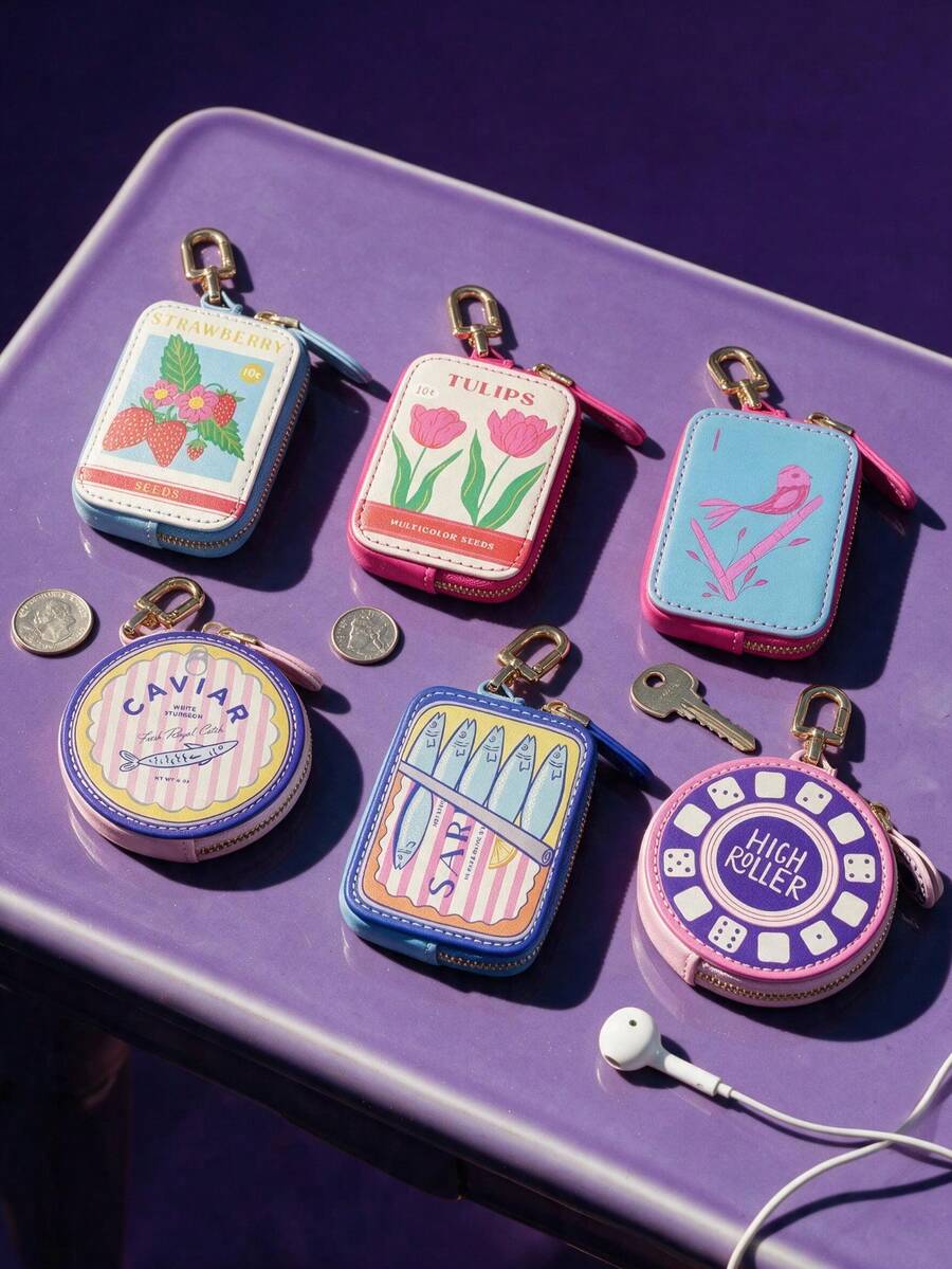 Joivida 1Pc Retro Fun Uv Print Coin Purse, Stylish And Compact Keychain Pendant, Cute Cartoon Mini Zip Bag, Portable For Storing Earphones And Small Accessories - Multicolor - View 1