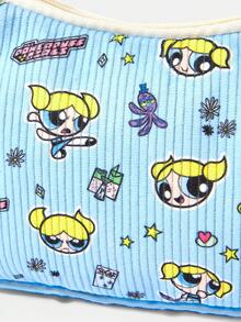 THE POWERPUFF GIRLS X SHEIN 全幅可愛卡通角色與微小元素印花腋下拉鍊包，單肩法棍肩背手提包，適合日常休閒穿搭 - 卡通人物-5 - 查看 3