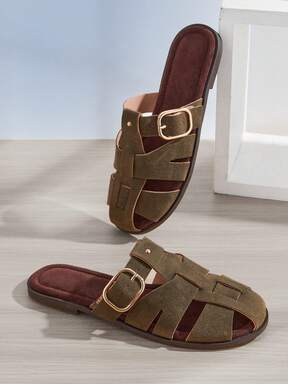 Solezae Women's Vegan Suede Olive Buckle Strap Fisherman Slide Sandals – Elegant, Soft & Vacation-Ready.
