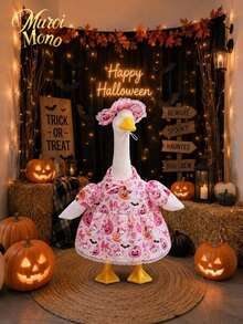 Pink Halloween Porch Goose Outfit For 23 Inch Goose Statue Pumpkin Ghost Print Dress With Matching Hat Fall Yard Lawn Patio Decor(The Goose Statue Is Not Included) - A - View 2