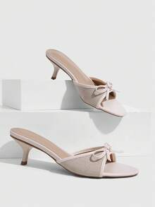 CUCCOO SZL 5.5CM 小貓跟女款高跟涼鞋，可愛蝴蝶結米色高跟涼鞋，通勤派對約會外出時尚女款高跟涼鞋 - 米色 - 查看 1