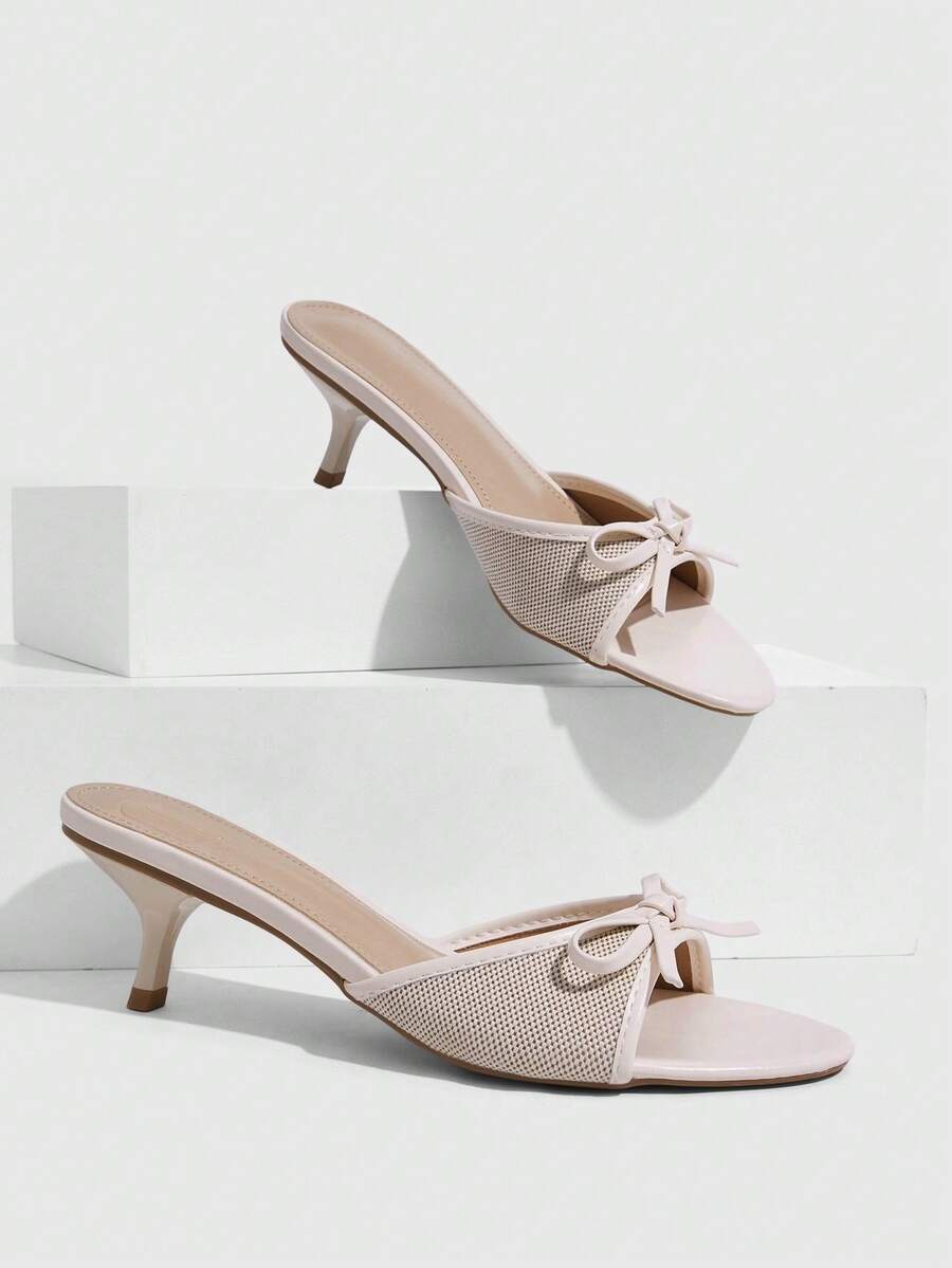 CUCCOO SZL 5.5CM 小貓跟女款高跟涼鞋,可愛蝴蝶結米色高跟涼鞋,通勤派對約會外出時尚女款高跟涼鞋 - 米色 - 查看 1
