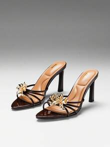 SHUZIA Women's Gold Pansy Hardware Flower Pointed Toe High Heel Sandals - Chocolate Brown - View 8
