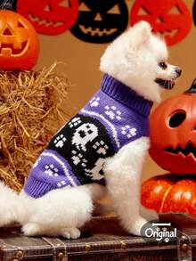 1pc Pet Cat Dog Universal Halloween Purple Ghost Paw Print Jacquard Knit Elastic Comfortable Warm Sweater, PETSIN Original Design - Multicolor - View 6