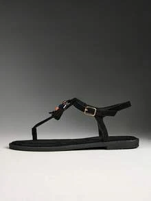 Solezae Women Comfy Vacation Casual Colorful Beads Decor Ankle Strap Flat Sandals - Black - View 4