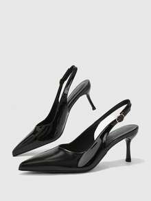 CUCCOO BIZCHIC 女款尖頭細高跟黑色亮面後扣slingback高跟鞋，舒適日常百搭通勤鞋 - 鏡面黑色 - 查看 5
