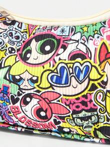 THE POWERPUFF GIRLS X SHEIN 全滿塗鴉卡通角色印花夾鏈腋下包，Y2K單肩法棍包，街頭風日常穿搭手提肩背包 - 卡通人物-3 - 查看 3