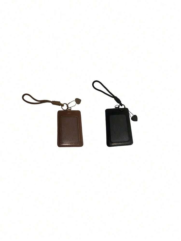 Vintage PU Leather ID Card Holder With Woven Hand Strap & Heart Charm, Available In Black, Brown & White. Clear Window Design Fits Bus Pass, Work Badge & Access Card. Compact Portable Card Case For Daily Commute, Office And School Use. - multicolor - View 9