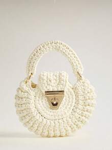 Wovira Ladies Beige Woven Handbag, Cute Round Shape, Fringed Decoration, Premium Metal Lock, For Daily, Vacation, Travel, Bohemian, Seaside, Beach Wedding - White - View 5